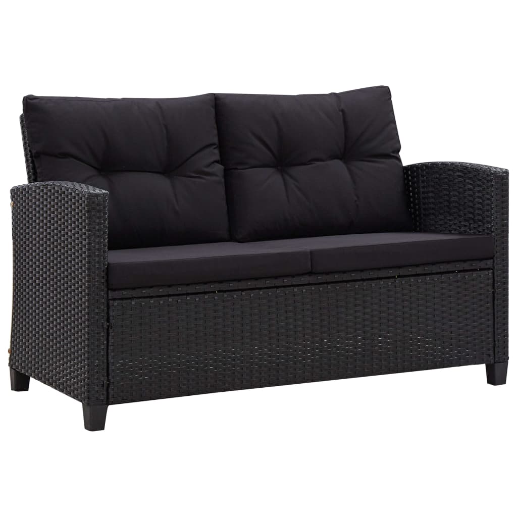 Canapé de jardin 2 places avec coussins, noir, 124 cm, polyrotin