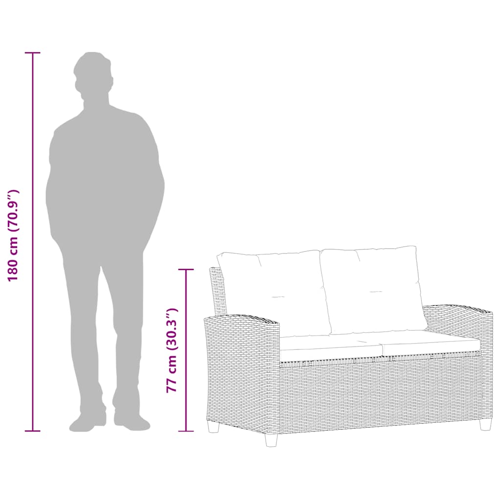 Canapé de jardin 2 places avec coussins, noir, 124 cm, polyrotin