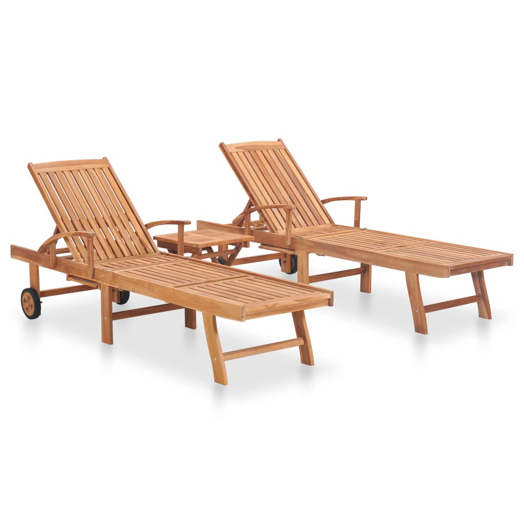 Chaises longues 2 pièces avec table en bois de teck massif