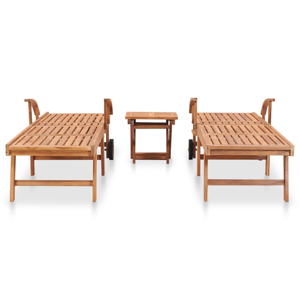 Chaises longues 2 pièces avec table en bois de teck massif