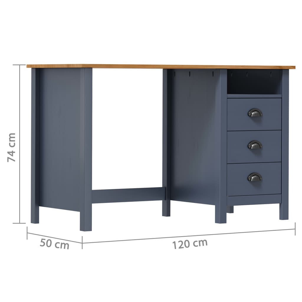 Hill desk with 3 drawers, grey, 120x50x74cm, pinewood