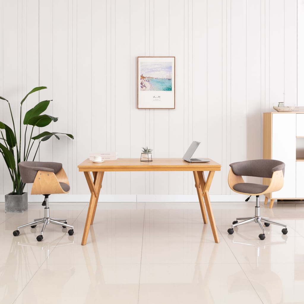 Chaise de bureau pivotante en bois courbé taupe et tissu