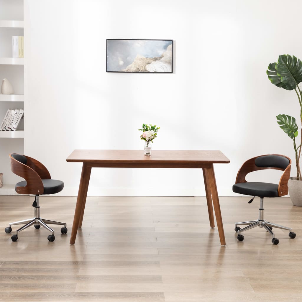 Chaise de bureau pivotante en bois courbé noir et simili cuir