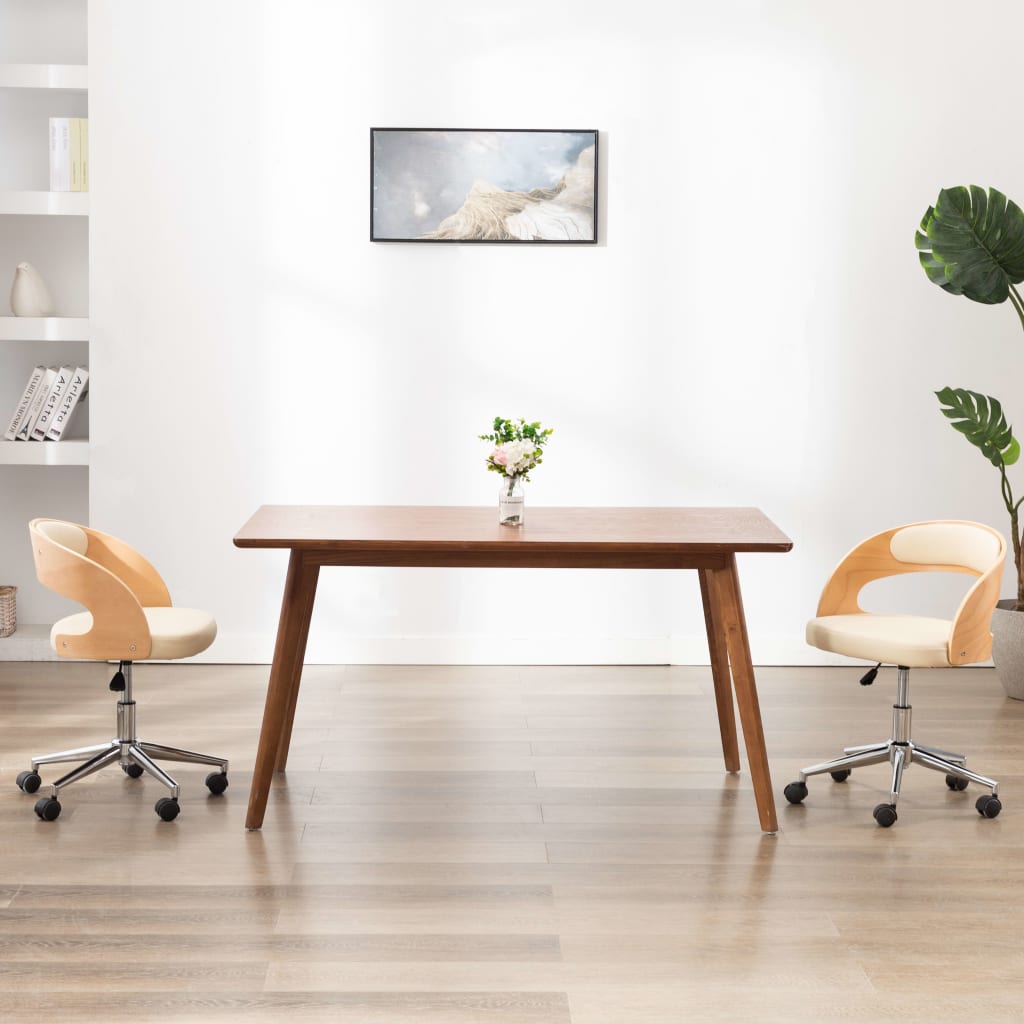 Chaise de bureau pivotante en bois courbé crème et simili cuir
