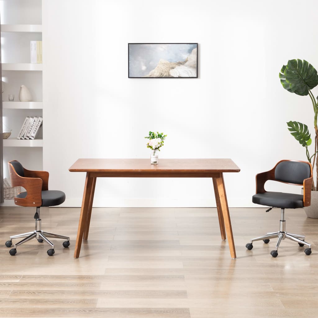 Chaise de bureau pivotante en bois courbé noir et simili cuir