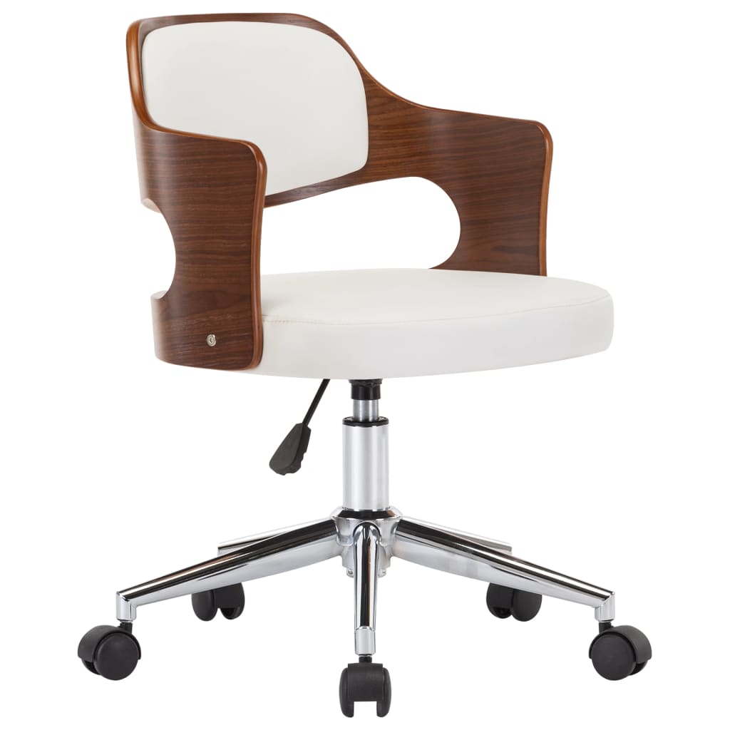 Chaise de bureau pivotante en bois courbé blanc et simili cuir