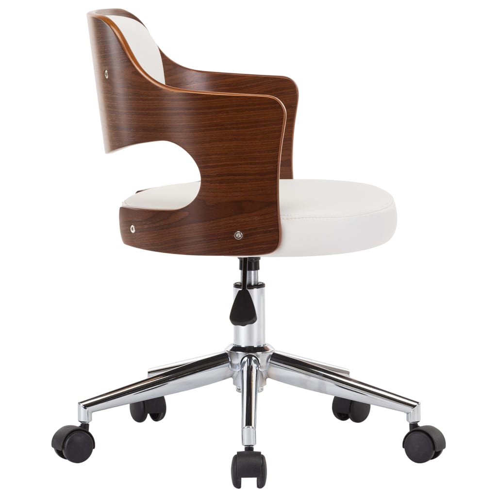 Chaise de bureau pivotante en bois courbé blanc et simili cuir