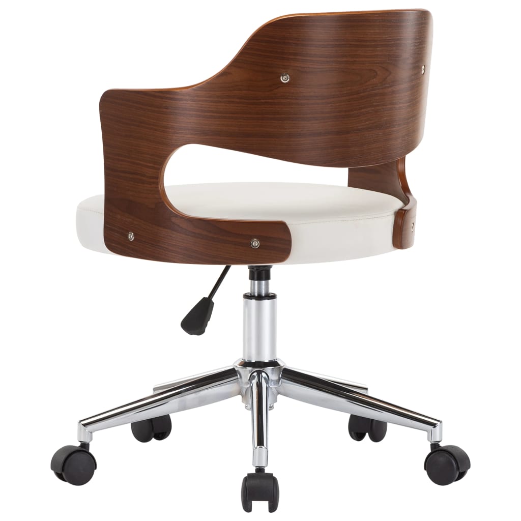 Chaise de bureau pivotante en bois courbé blanc et simili cuir