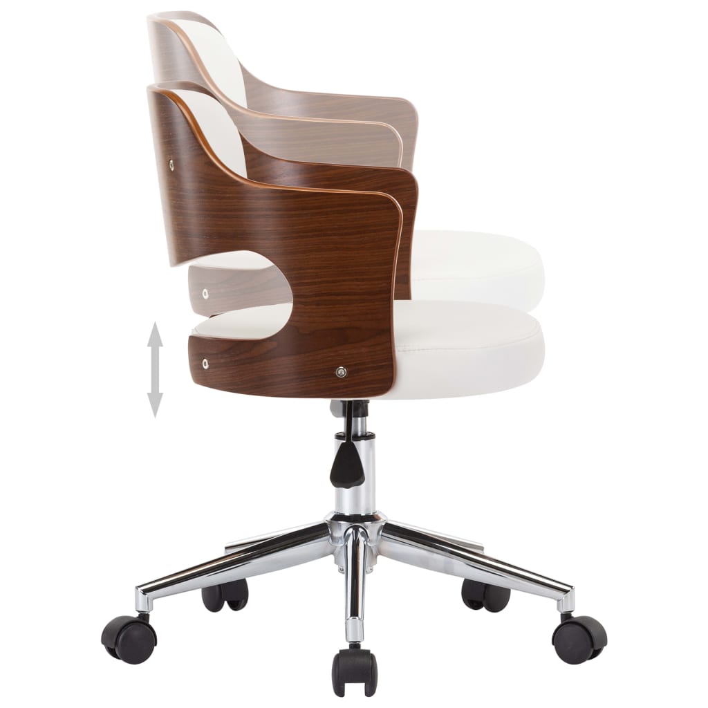 Chaise de bureau pivotante en bois courbé blanc et simili cuir