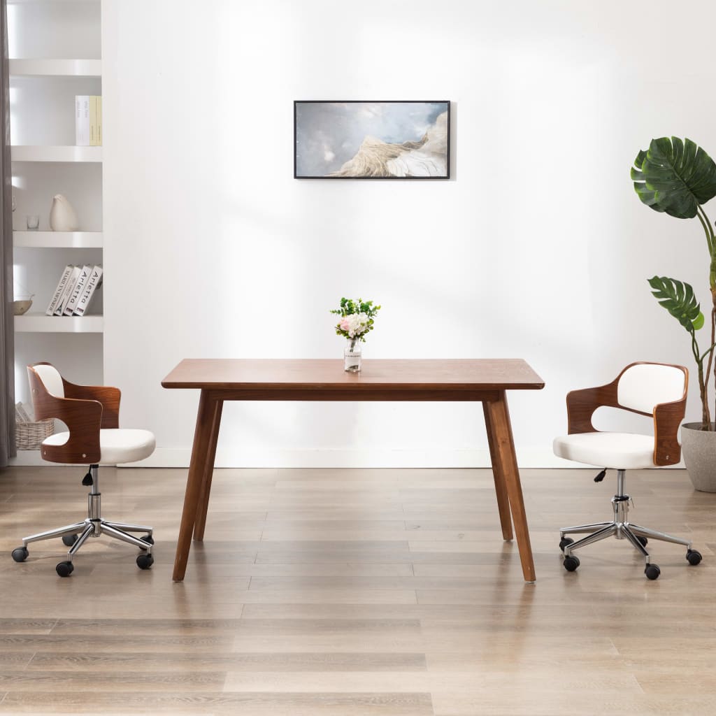 Chaise de bureau pivotante en bois courbé blanc et simili cuir
