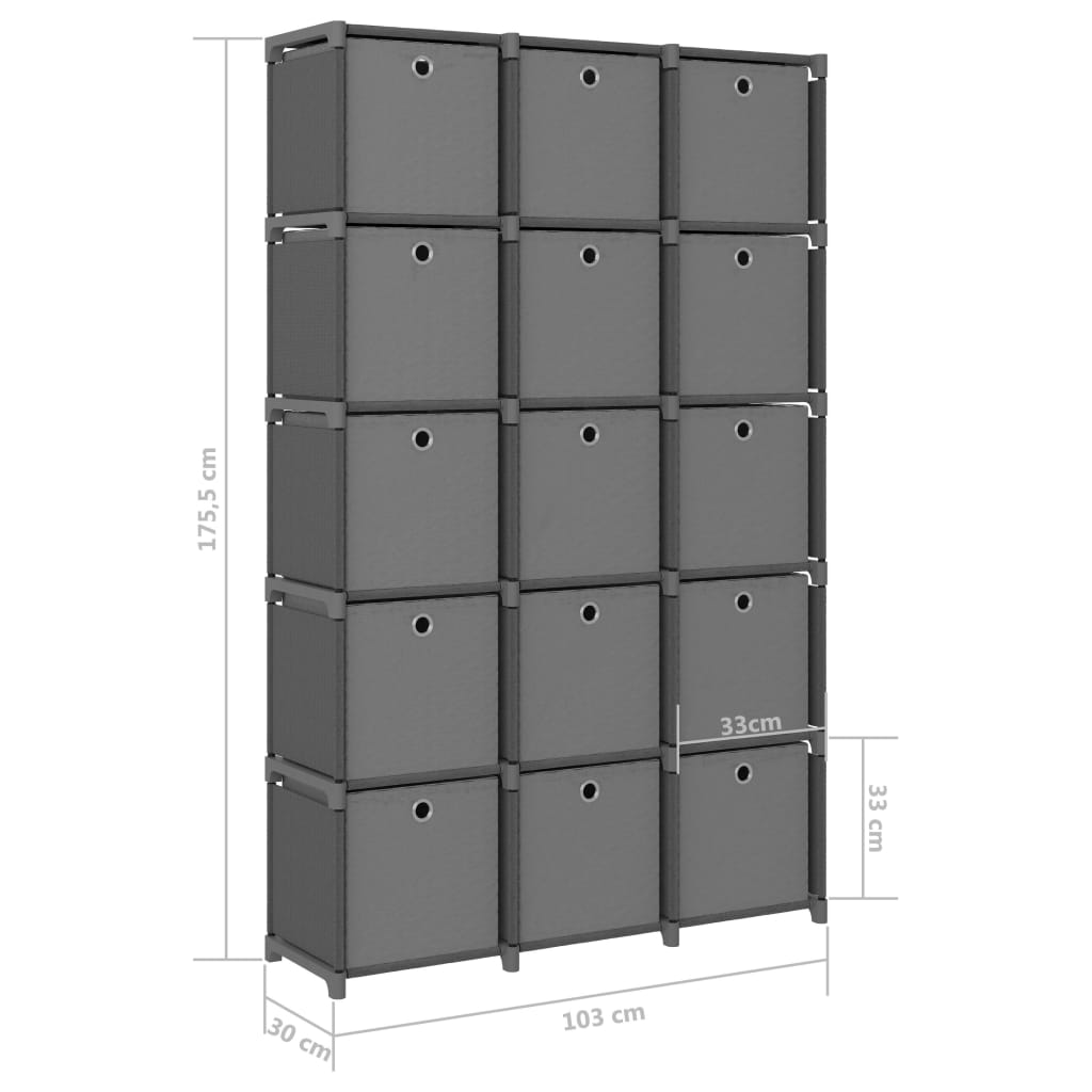 Cube shelf with 15 boxes grey 103x30x175.5 cm fabric