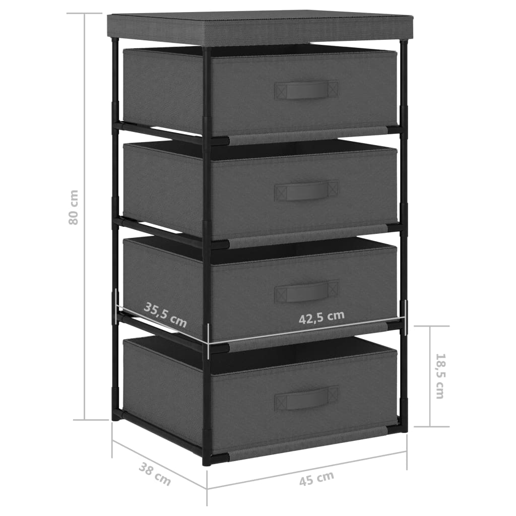 Storage shelf with 4 fabric baskets steel grey