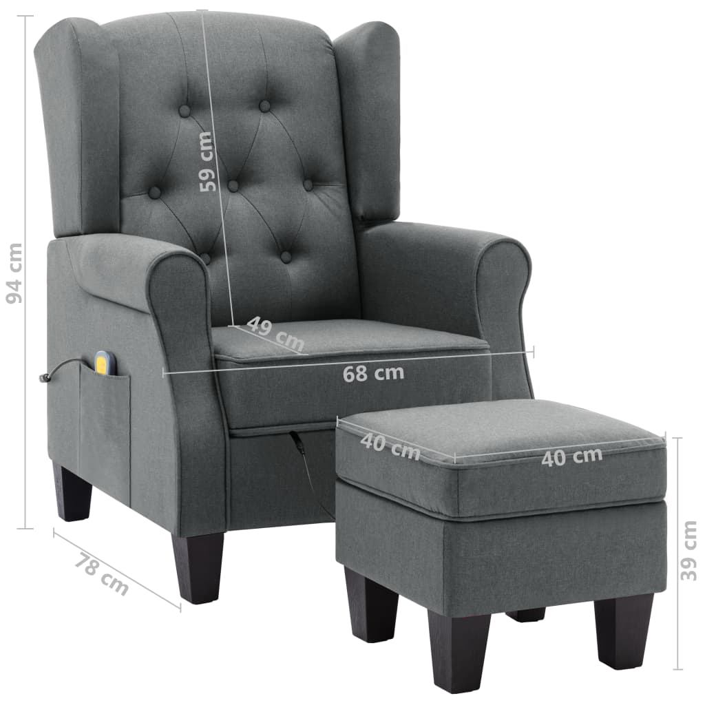 Fauteuil de massage avec tabouret en tissu gris clair