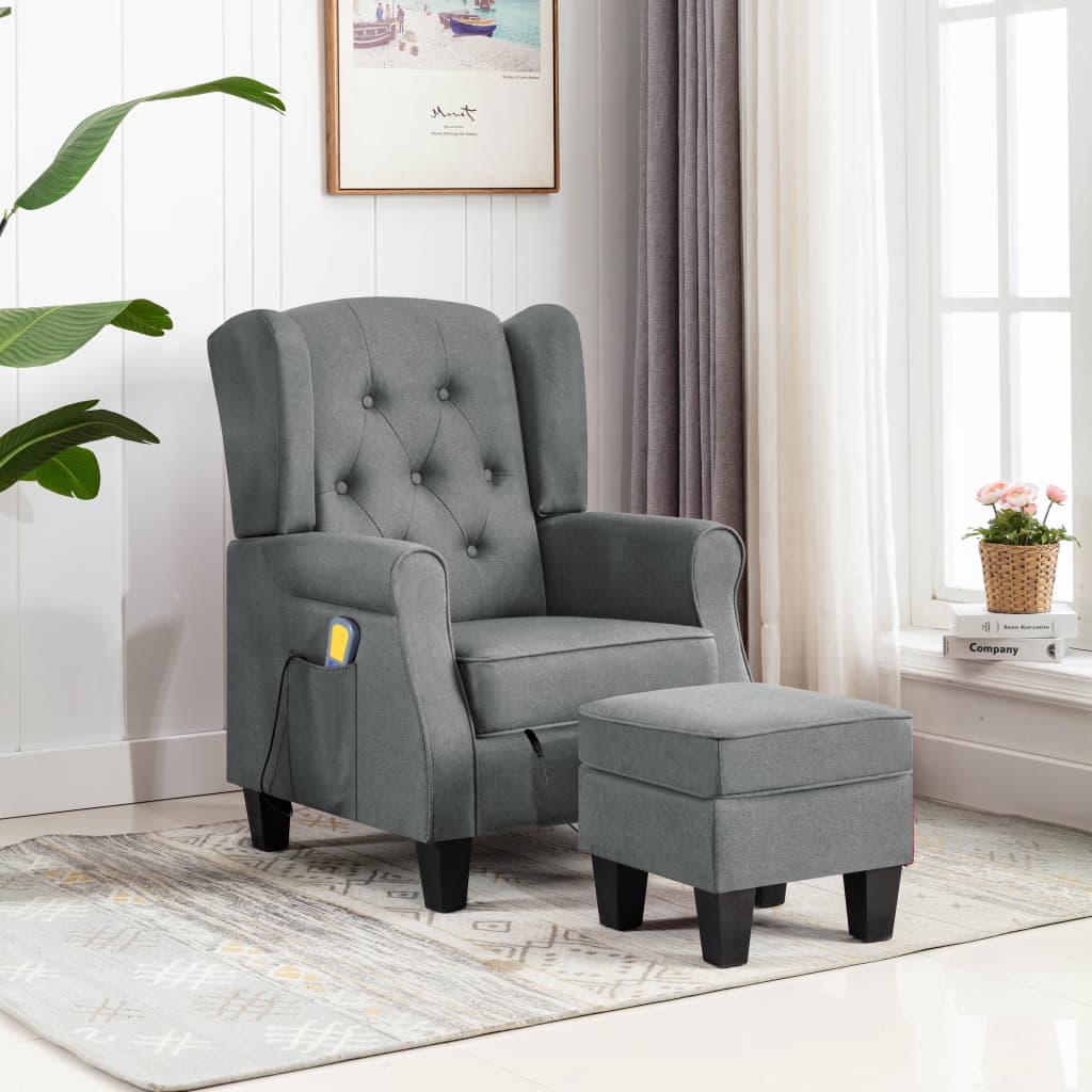 Fauteuil de massage avec tabouret en tissu gris clair