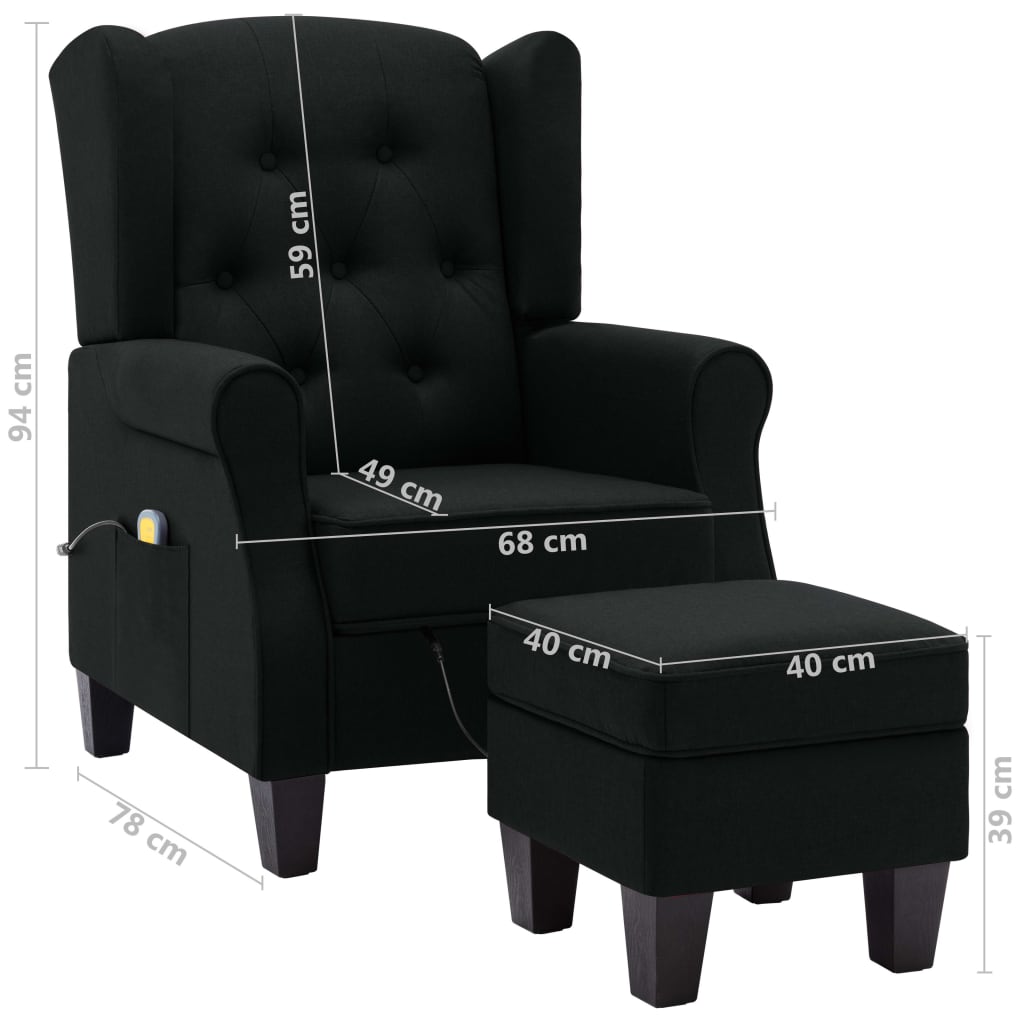 Fauteuil de massage avec tabouret en tissu noir