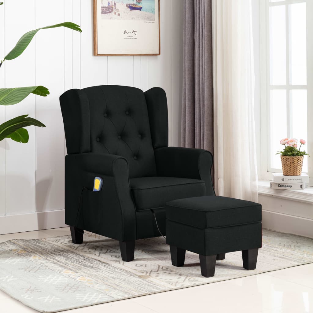 Fauteuil de massage avec tabouret en tissu noir