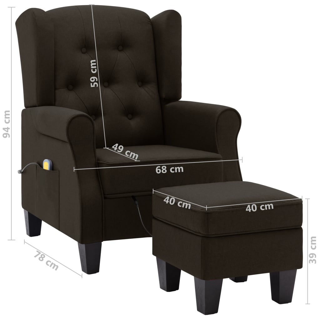 Fauteuil de massage avec tabouret en tissu marron foncé
