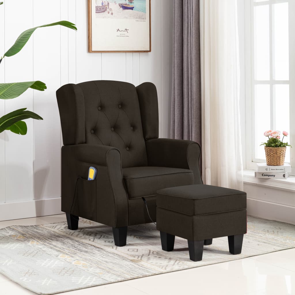 Fauteuil de massage avec tabouret en tissu marron foncé