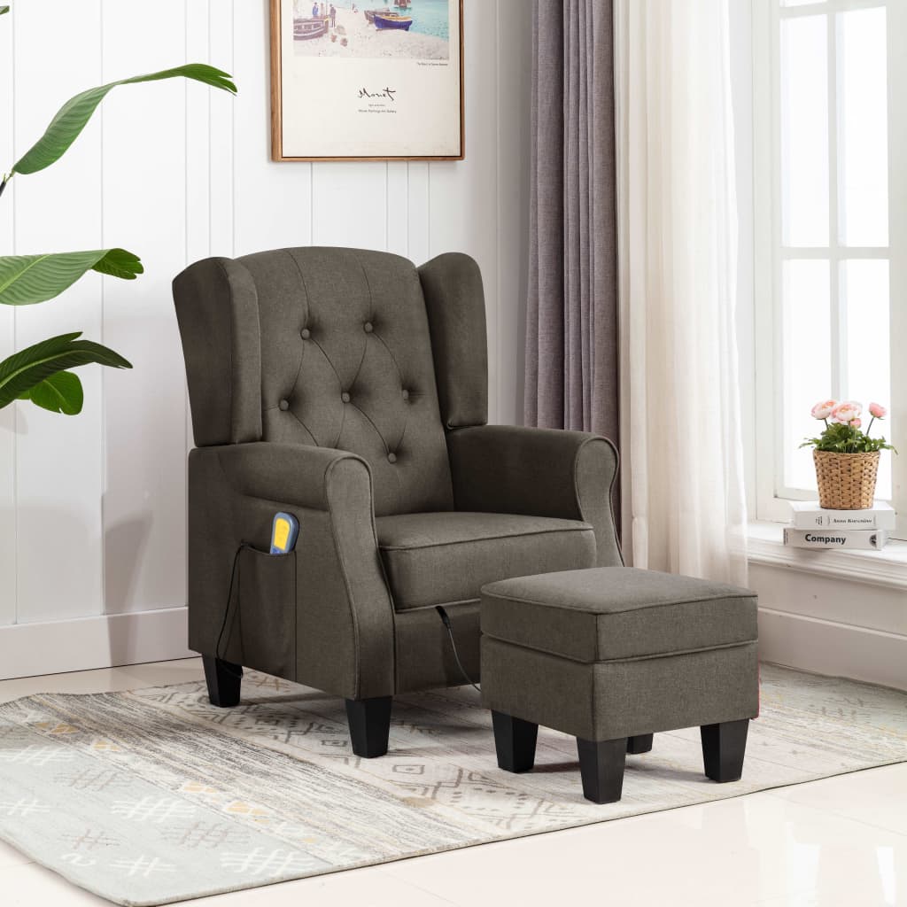 Fauteuil de massage avec tabouret en tissu taupe