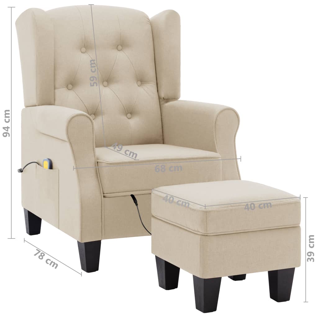Fauteuil de massage avec tabouret en tissu crème