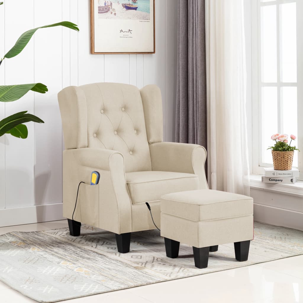 Fauteuil de massage avec tabouret en tissu crème