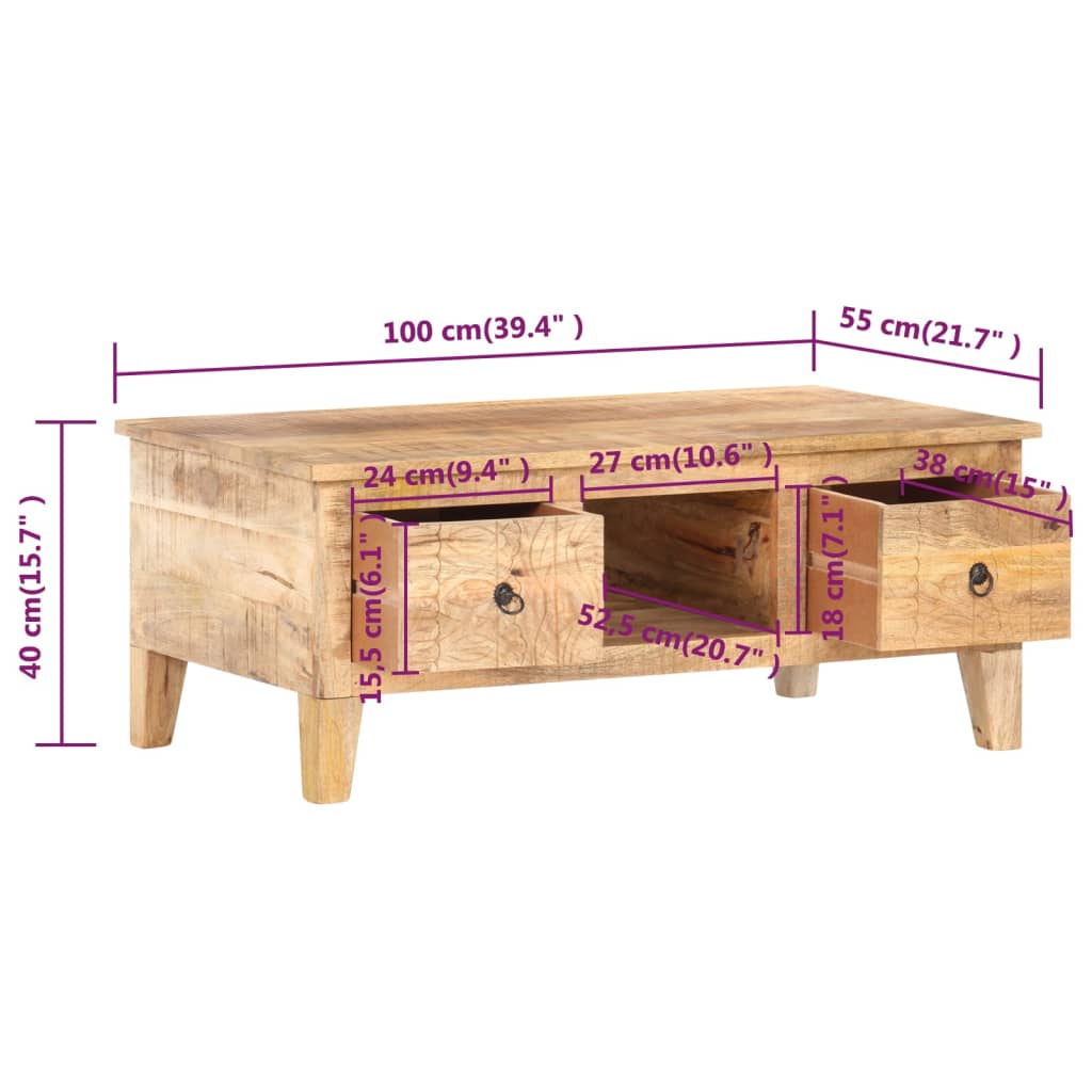 Table basse 100x55x40 cm Bois de manguier brut