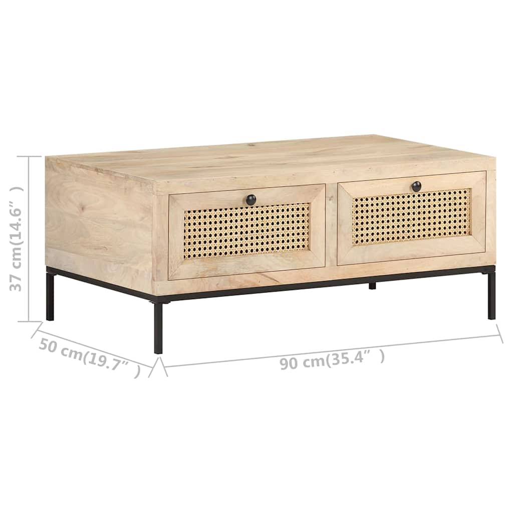 Couchtisch 90x50x37 cm Mango Massivholz und Rohrgeflecht