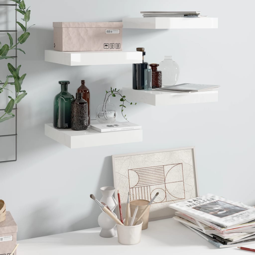 Étagères flottantes, 4 pièces, blanc brillant, 23 x 23,5 x 3,8 cm, MDF