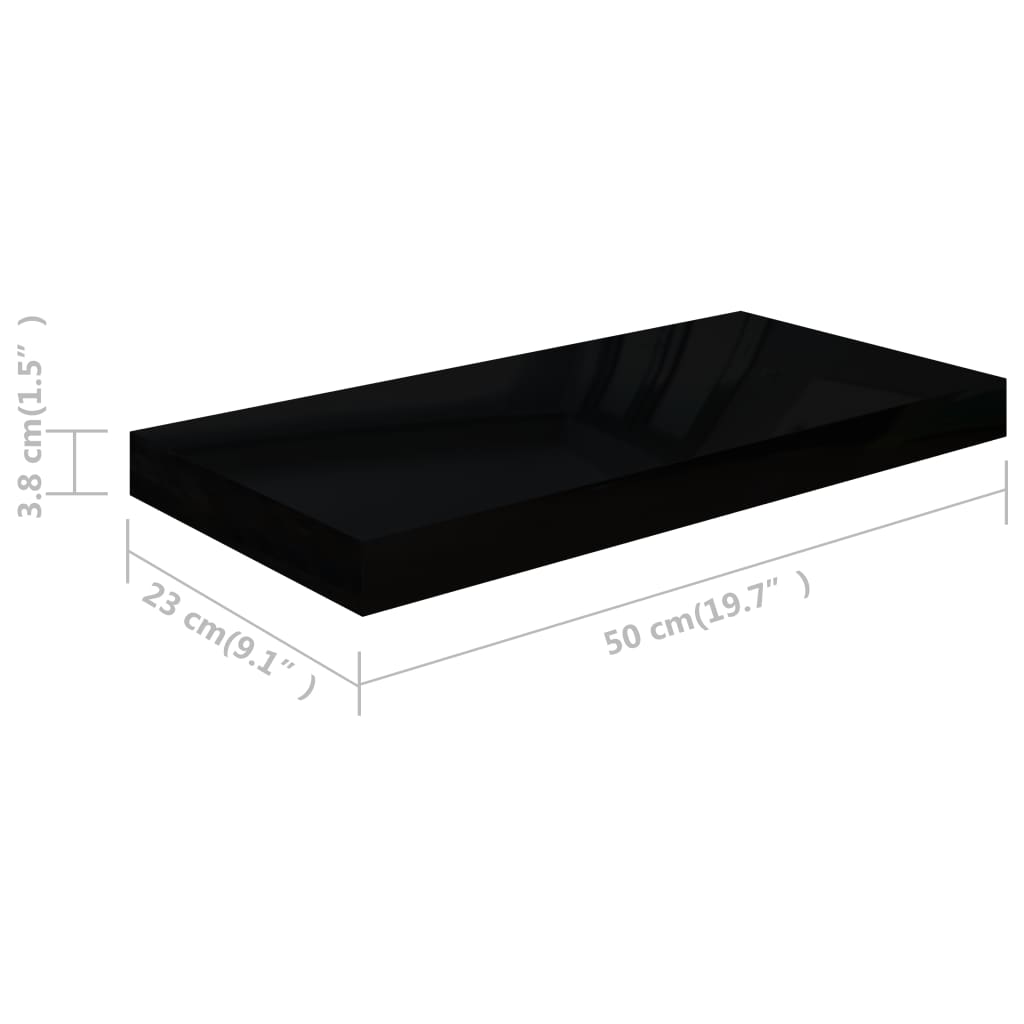Étagères flottantes, lot de 4, noir brillant, 50 x 23 x 3,8 cm, MDF