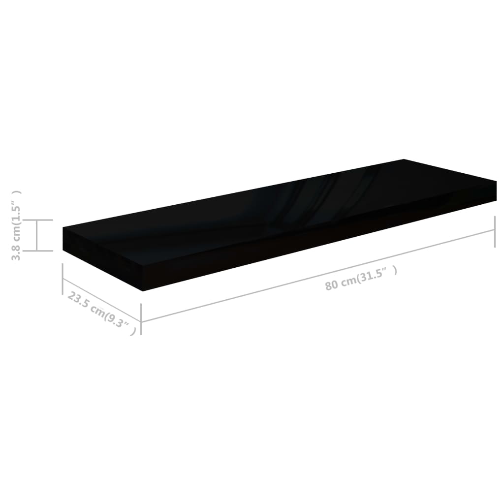 Étagères flottantes, lot de 2, noir brillant, 80 x 23,5 x 3,8 cm, MDF