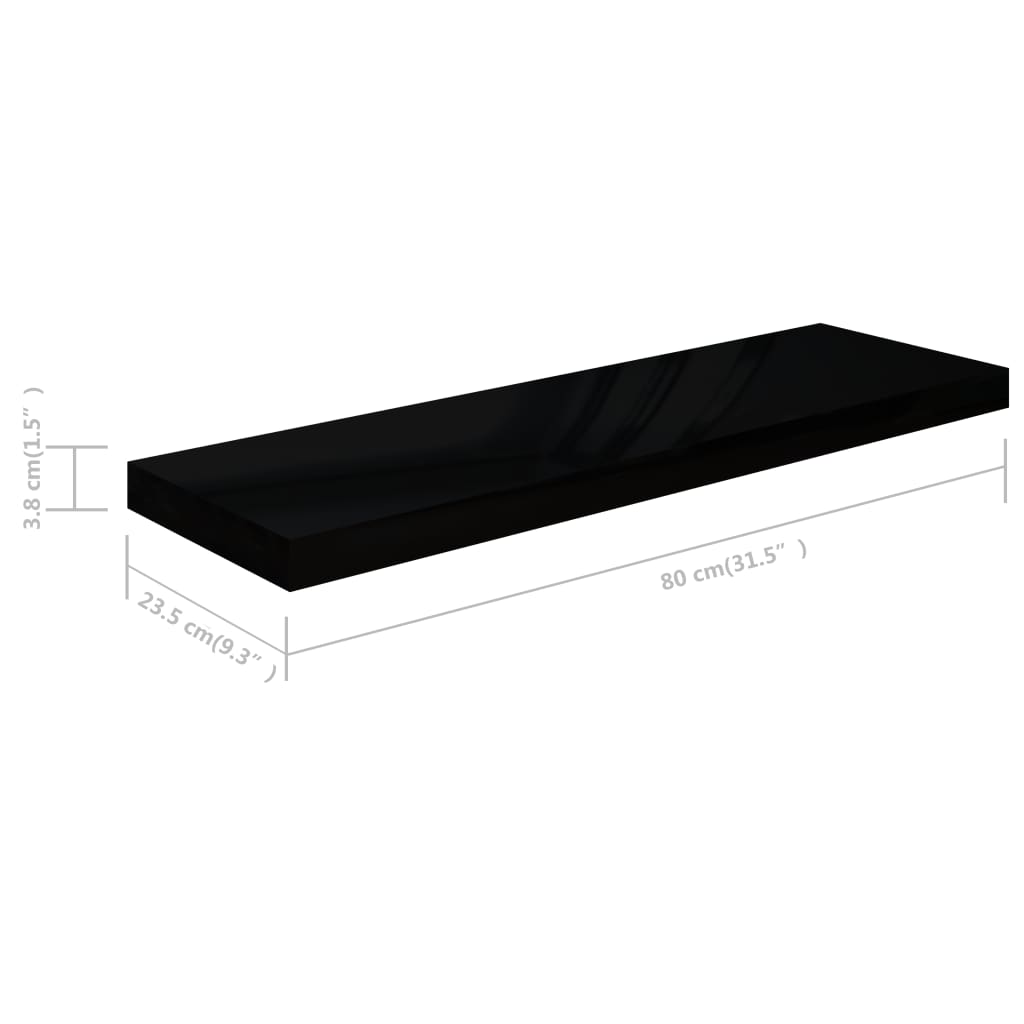 Étagères flottantes, 4 pièces, noir brillant, 80 x 23,5 x 3,8 cm, MDF