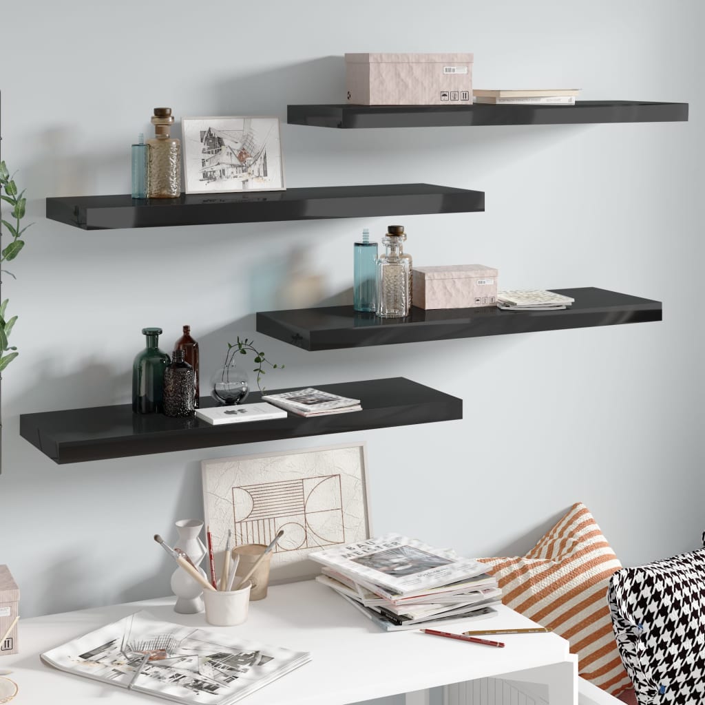 Étagères flottantes, 4 pièces, noir brillant, 80 x 23,5 x 3,8 cm, MDF