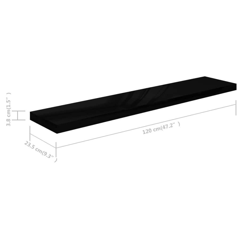 Étagères flottantes, lot de 2, noir brillant, 120 x 23,5 x 3,8 cm, MDF