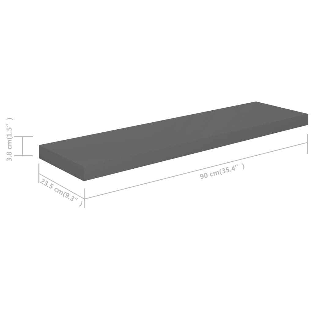 Floating shelves 4 pcs. High-gloss grey 90x23.5x3.8 cm MDF