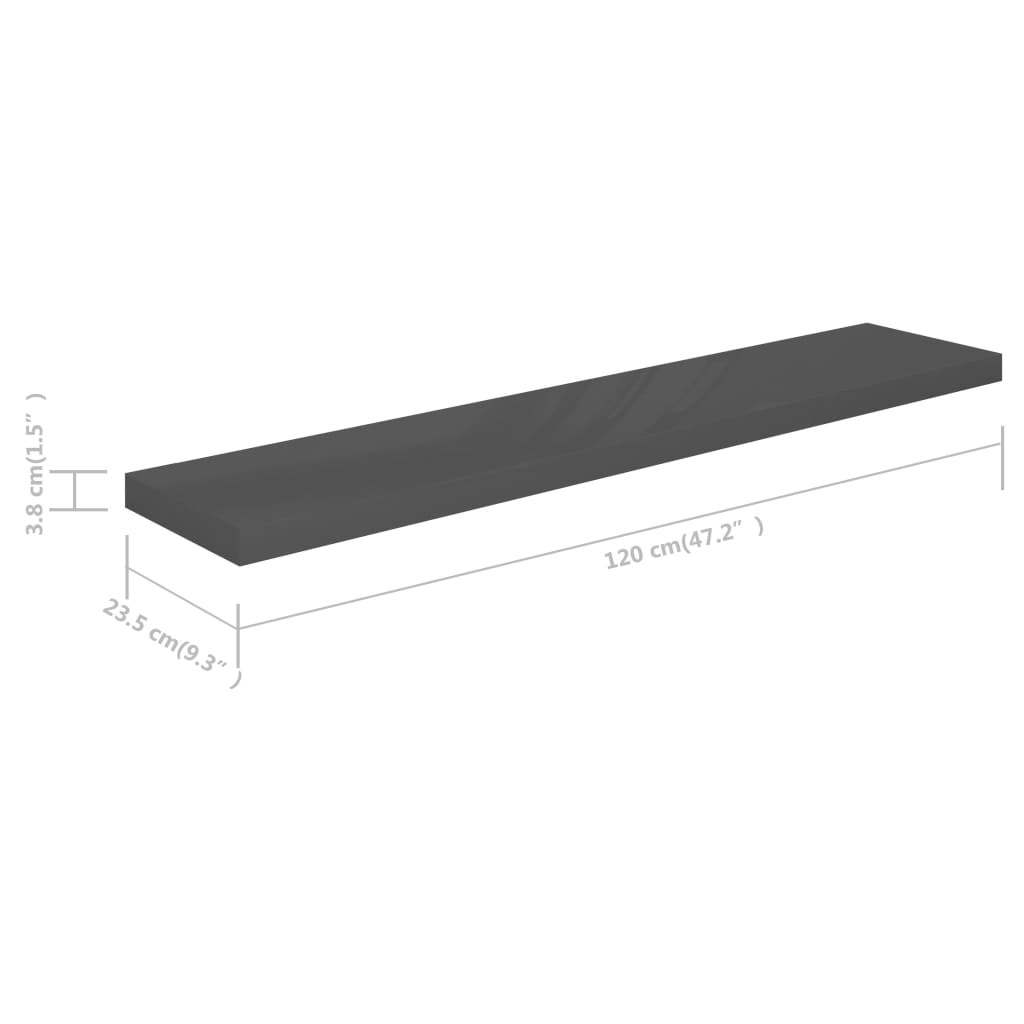 Floating shelves 4 pcs. High-gloss grey 120x23.5x3.8 cm MDF
