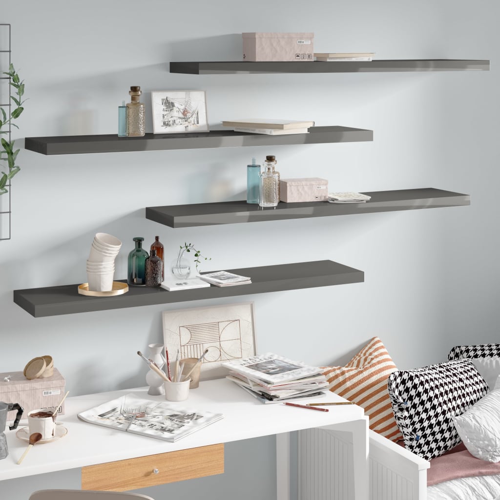 Floating shelves 4 pcs. High-gloss grey 120x23.5x3.8 cm MDF
