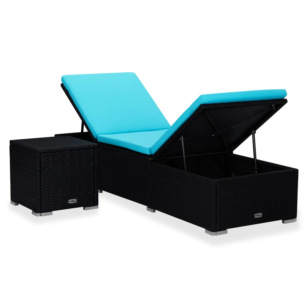Chaise longue avec coussin et table à thé en résine tressée bleue