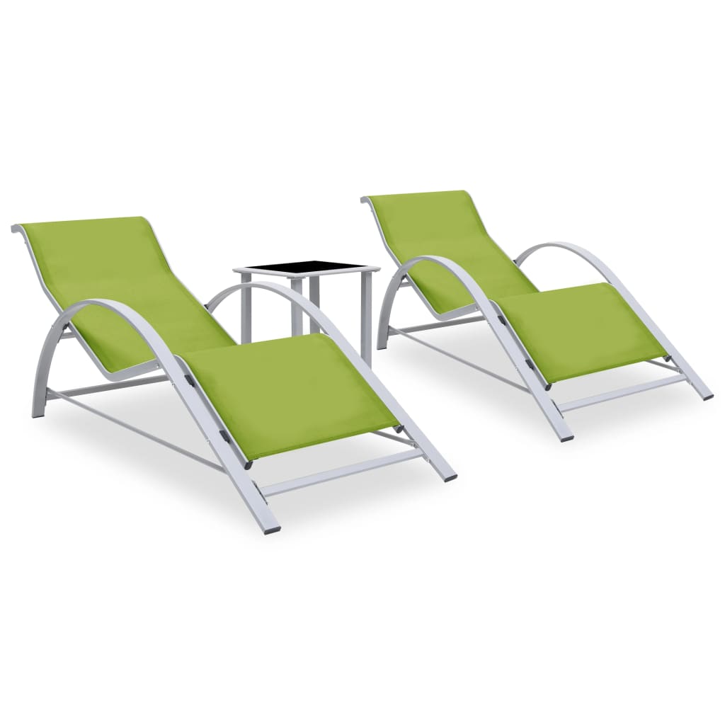 Chaises longues 2 pièces avec table en aluminium vert