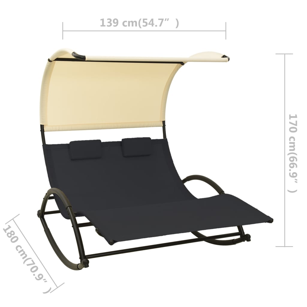 Double sun lounger with sun canopy Textilene Black and Cream