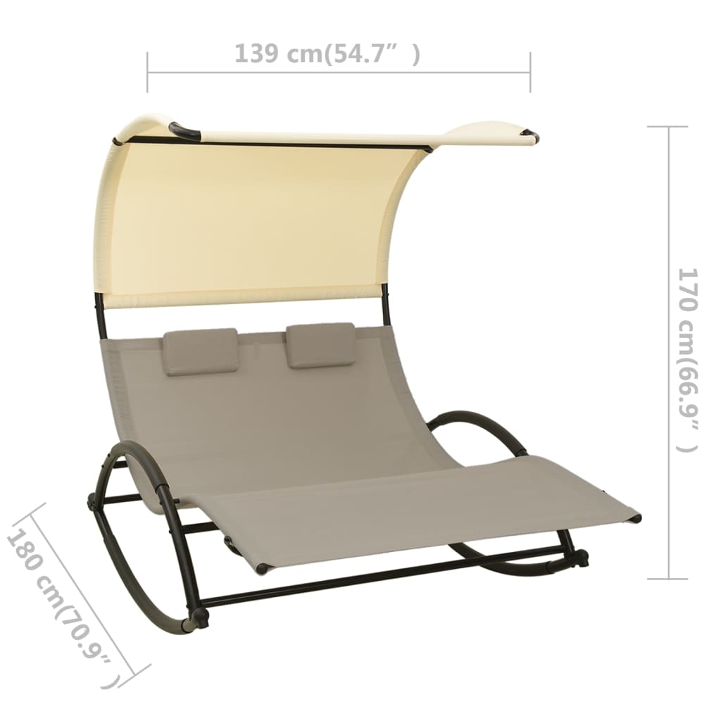Double sun lounger with sun canopy Textilene Taupe and Cream