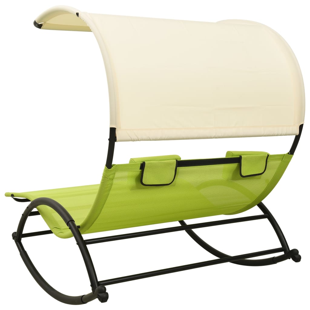 Double sun lounger with sun canopy Textilene Green and Cream