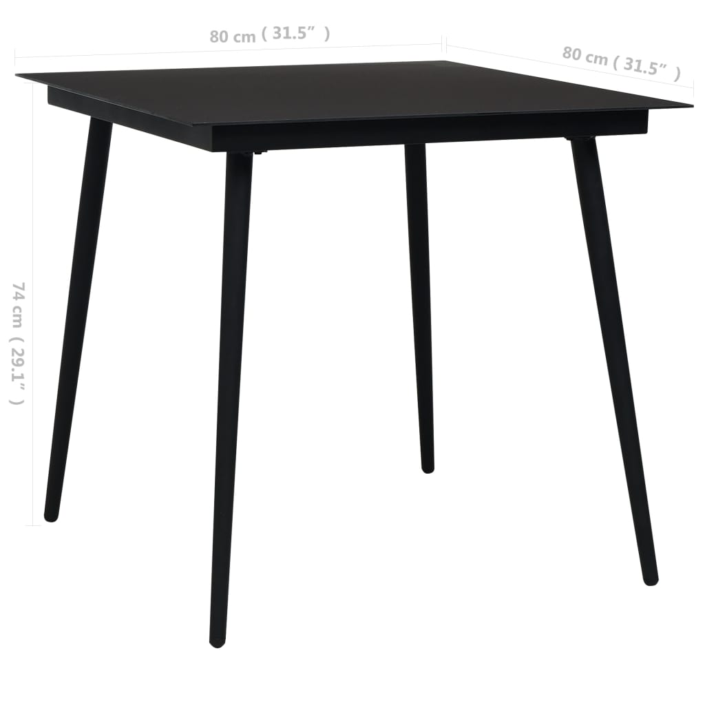 Garden dining table black 80x80x74 cm steel and glass