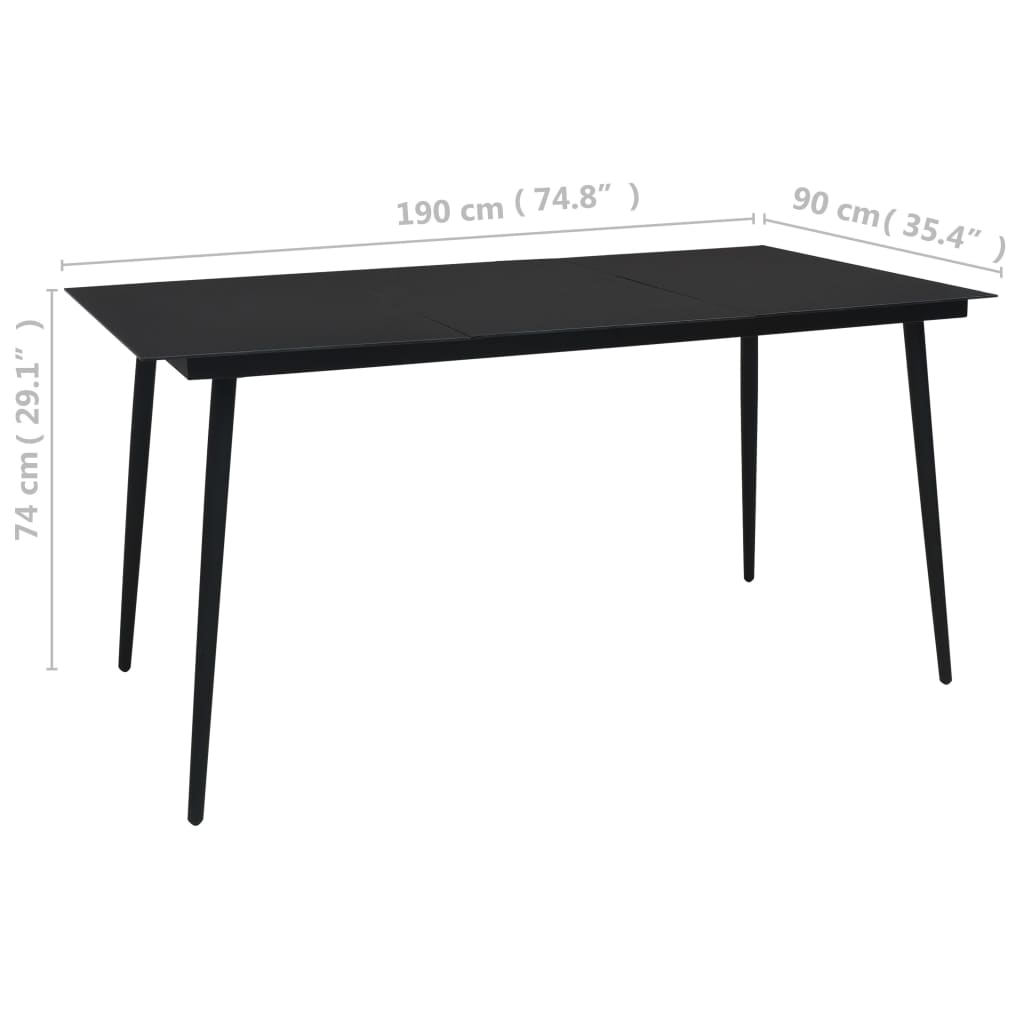 Table à manger de jardin noire 190x90x74 cm acier et verre