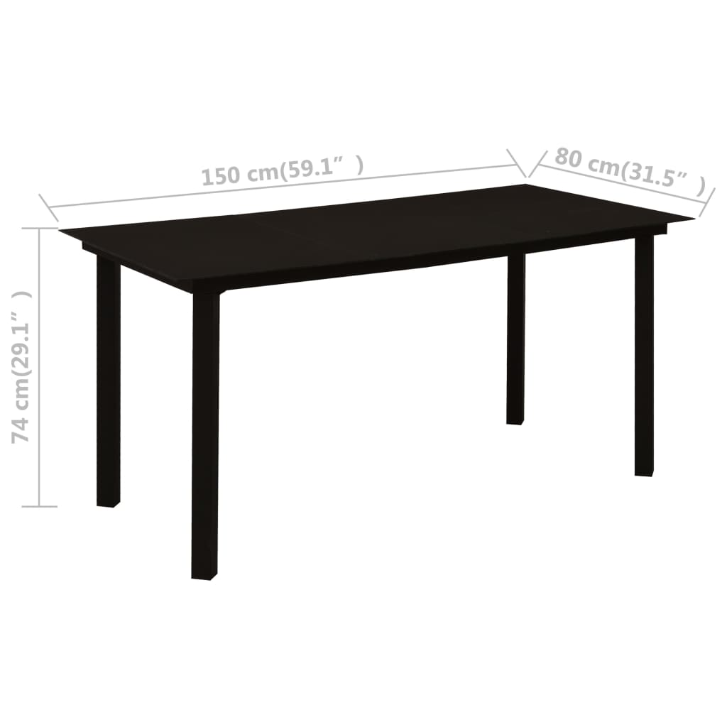 Garden dining table black 150x80x74 cm steel and glass