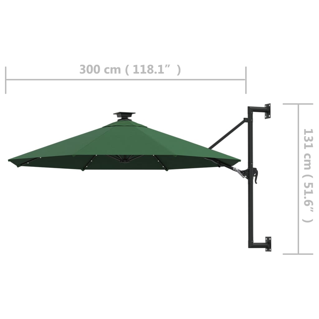 Wall-mounted parasol with LEDs 300 cm green