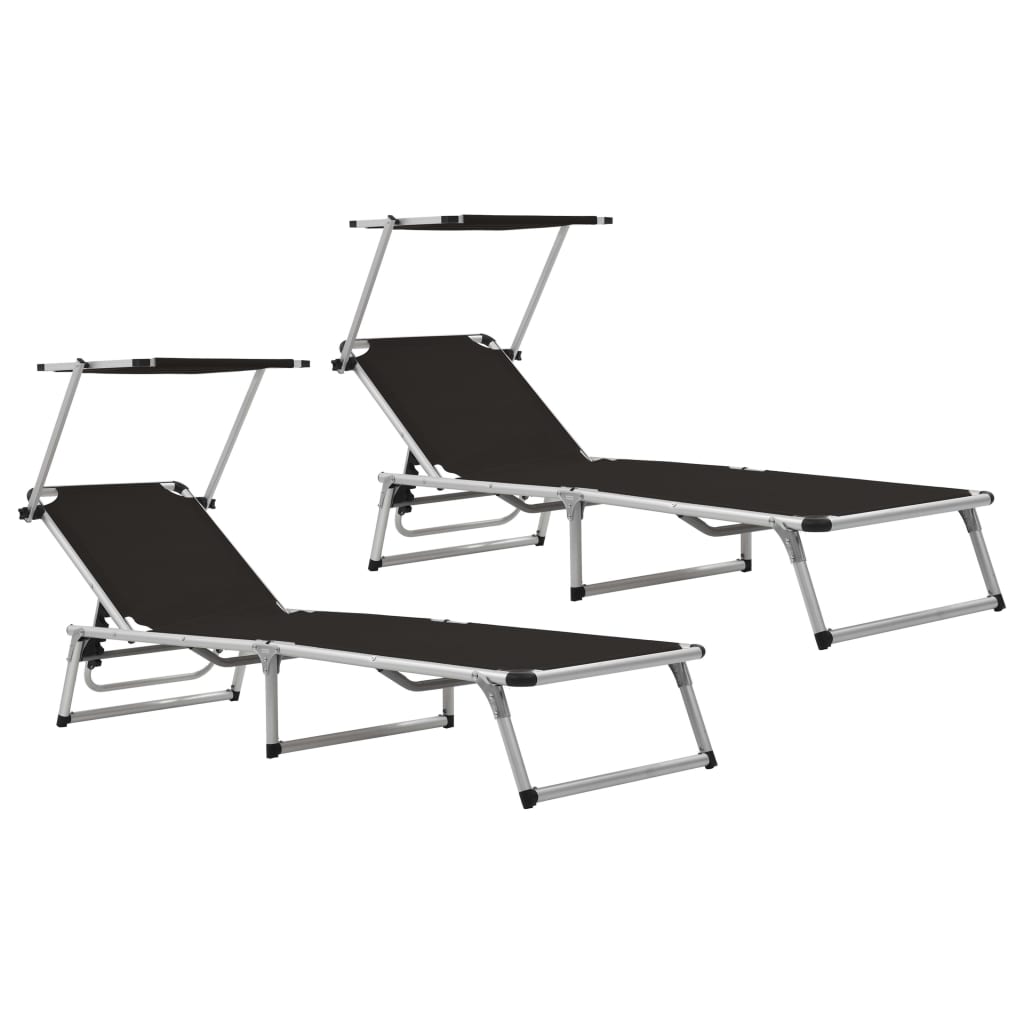 Folding sun loungers with roof 2 pcs. Alu Textilene Black