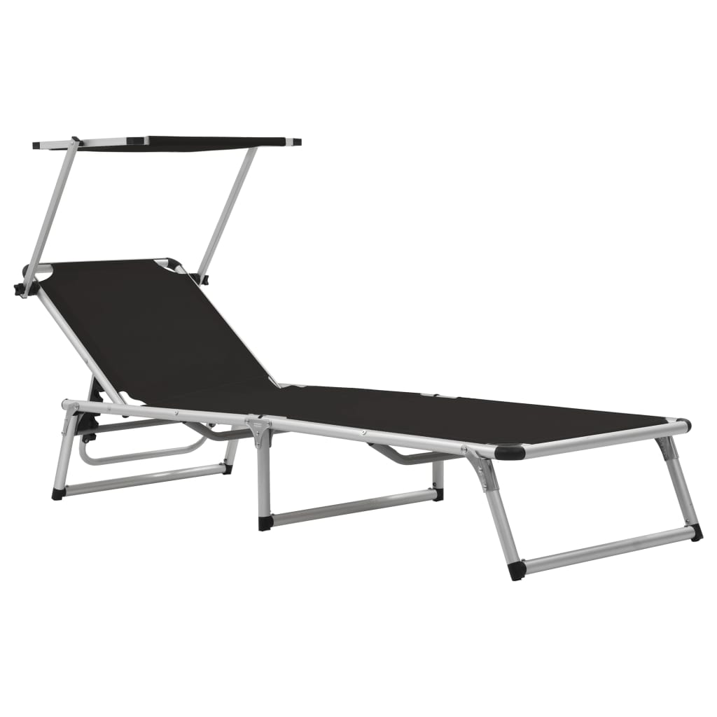 Folding sun loungers with roof 2 pcs. Alu Textilene Black
