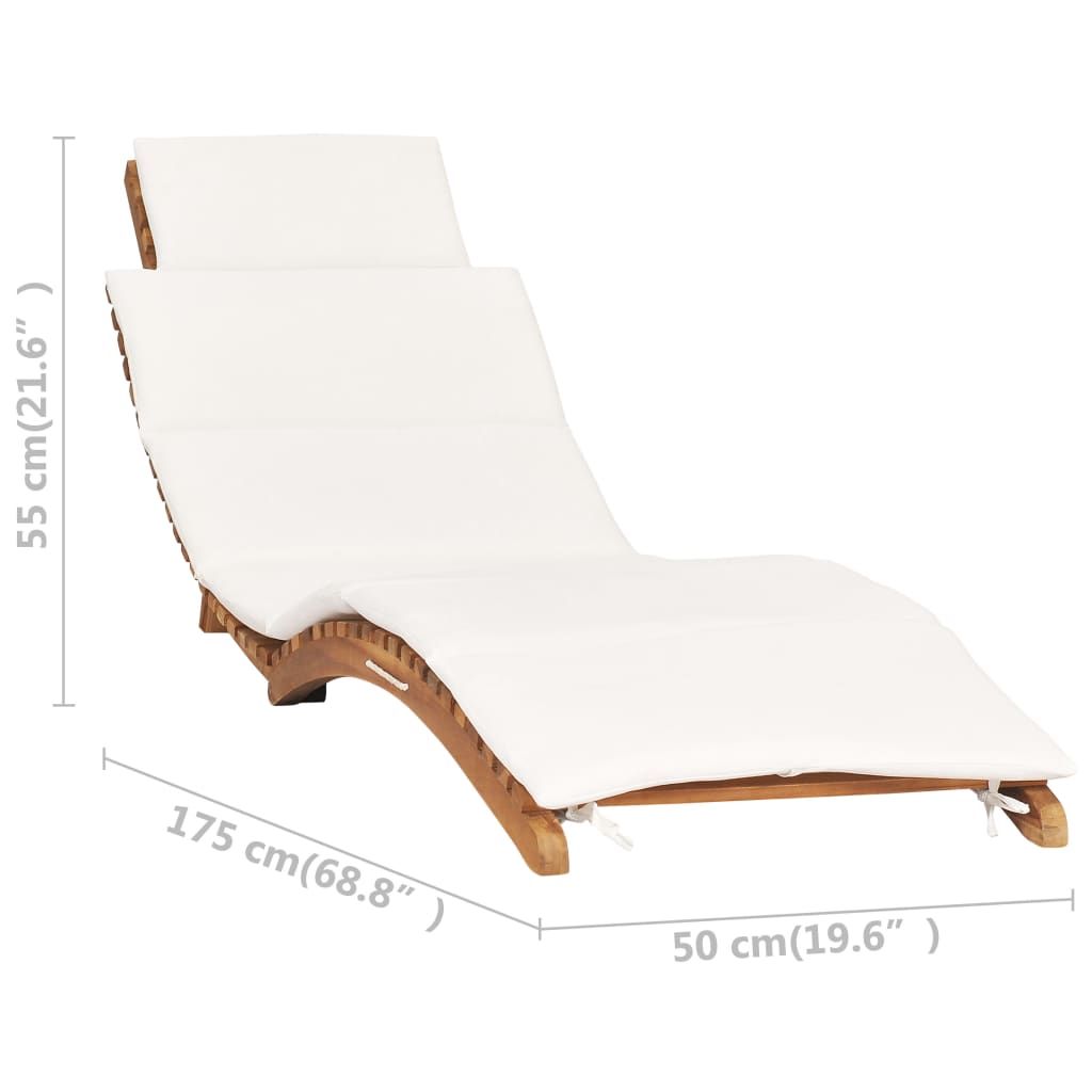 Folding sun lounger with cream-white cushion made of solid teak wood
