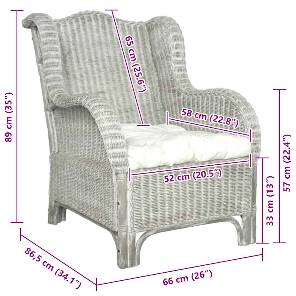 Sessel mit Kissen Grau Natürliches Rattan und Leinen