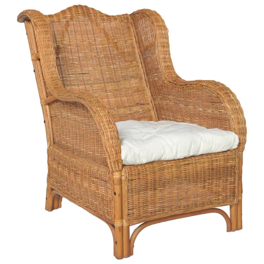 Fauteuil avec coussins en rotin naturel marron clair et lin